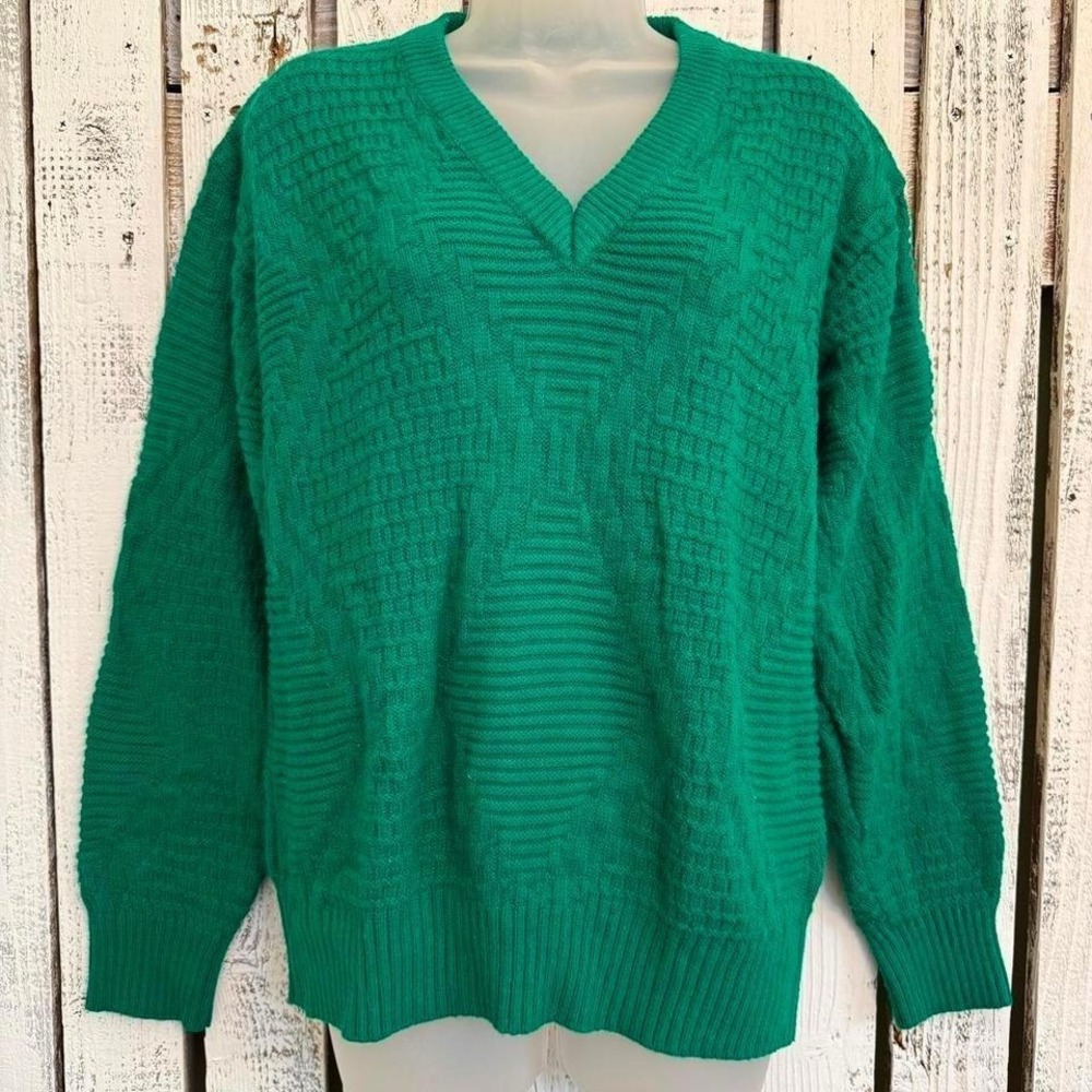 VTG 80s Expressions Vneck Sweater Women XL Green Geekcore Preppy Retro Pointelle
